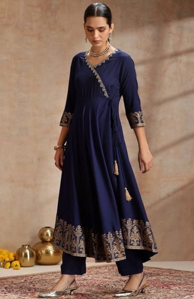 Minimalist Blue Traditional Anarkali Printed Dress Set For Retailer Discount Ready To Wear Collection