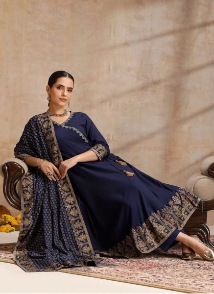 Minimalist Blue Traditional Anarkali Printed Dress Set For Retailer Discount Ready To Wear Collection