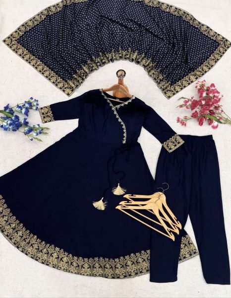 Minimalist Blue Traditional Anarkali Printed Dress Set For Retailer Discount Ready To Wear Collection