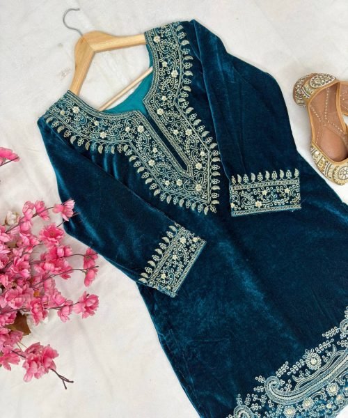 Minimalist Blue  Velvet Kurti Pant Set with Zari Embroidery Work for Ethnic Wear at Manufacturer Rate CO ORD Sets