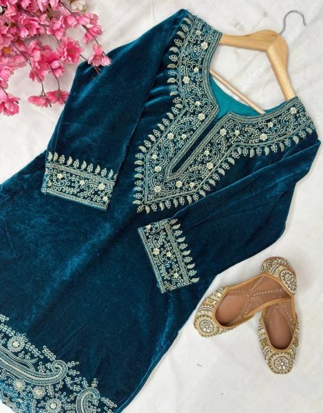 Minimalist Blue  Velvet Kurti Pant Set with Zari Embroidery Work for Ethnic Wear at Manufacturer Rate CO ORD Sets