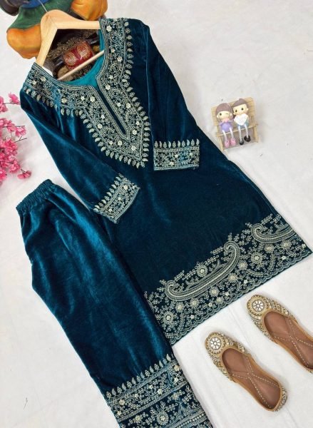 Minimalist Blue  Velvet Kurti Pant Set with Zari Embroidery Work for Ethnic Wear at Manufacturer Rate CO ORD Sets