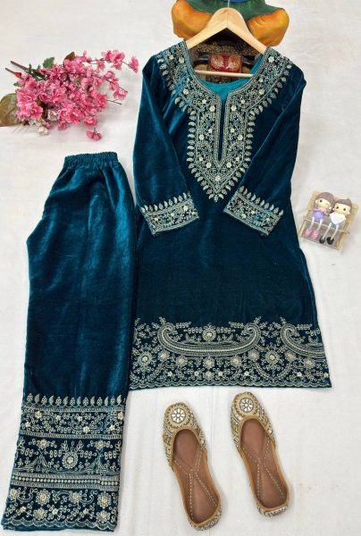 Minimalist Blue  Velvet Kurti Pant Set with Zari Embroidery Work for Ethnic Wear at Manufacturer Rate CO ORD Sets