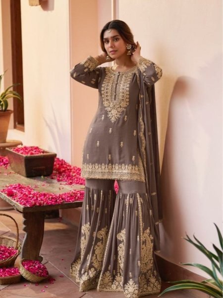 Minimalist Brown Chinon Silk Sharara Suit with Intricate Sequins And Hand Embroidery Salwar Kameez