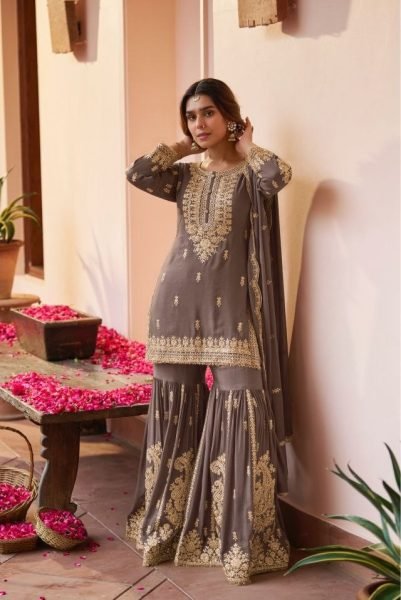 Minimalist Brown Chinon Silk Sharara Suit with Intricate Sequins And Hand Embroidery Designer Plazzo Salwar Suits Wholesale