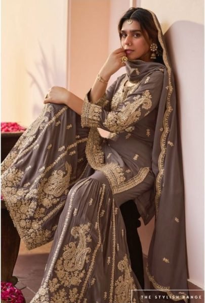 Minimalist Brown Chinon Silk Sharara Suit with Intricate Sequins And Hand Embroidery Designer Plazzo Salwar Suits Wholesale