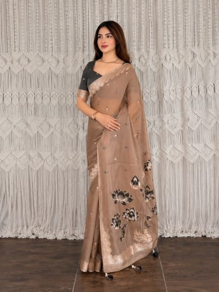 Minimalist Brown Modal Cotton Jacquard Saree with Fancy Dual Thread Tassel Pallu at Manufacturer  Sarees 
