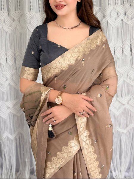 Minimalist Brown Modal Cotton Jacquard Saree with Fancy Dual Thread Tassel Pallu at Manufacturer  Printed Cotton Sarees Wholesale