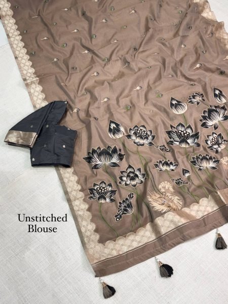 Minimalist Brown Modal Cotton Jacquard Saree with Fancy Dual Thread Tassel Pallu at Manufacturer  Printed Cotton Sarees Wholesale