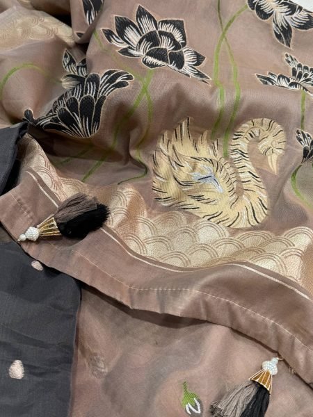 Minimalist Brown Modal Cotton Jacquard Saree with Fancy Dual Thread Tassel Pallu at Manufacturer  Printed Cotton Sarees Wholesale