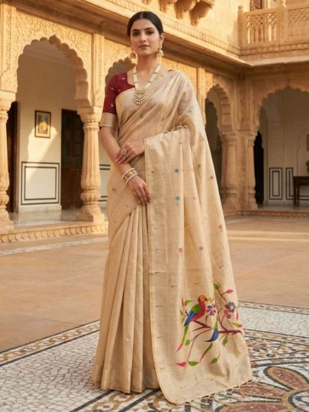 Minimalist Cream Designer Muga Cotton Saree with Rich Pallu and Tassel Detailing 