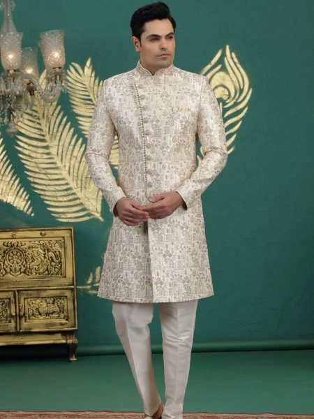 Minimalist Cream Elegant Traditional Banarasi Embroidered Kurta Pajama for Men Mens Wear