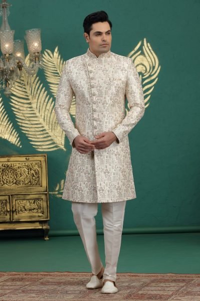 Minimalist Cream Elegant Traditional Banarasi Embroidered Kurta Pajama for Men Kurta Pajama Wholesale
