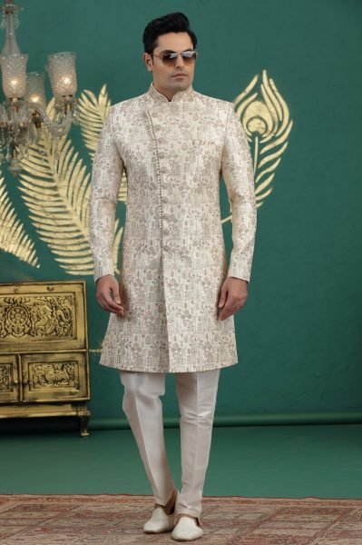 Minimalist Cream Elegant Traditional Banarasi Embroidered Kurta Pajama for Men Kurta Pajama Wholesale