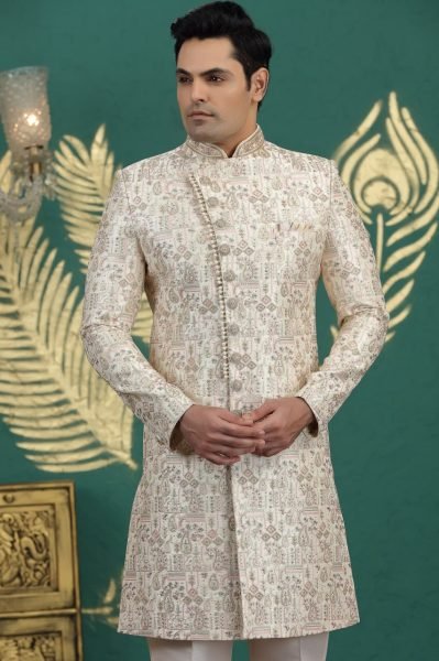 Minimalist Cream Elegant Traditional Banarasi Embroidered Kurta Pajama for Men Kurta Pajama Wholesale