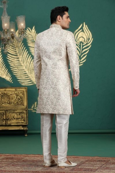 Minimalist Cream Elegant Traditional Banarasi Embroidered Kurta Pajama for Men Kurta Pajama Wholesale