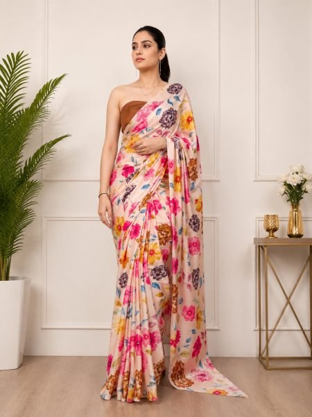 Minimalist Cream Multi Color  Women s Satin Silk Printed Saree with 5 5 Meter Length For Party Wear Sarees 