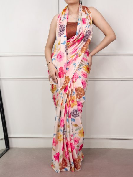Minimalist Cream Multi Color  Women s Satin Silk Printed Saree with 5 5 Meter Length For Party Wear Silk Sarees Wholesale