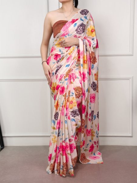 Minimalist Cream Multi Color  Women s Satin Silk Printed Saree with 5 5 Meter Length For Party Wear Silk Sarees Wholesale