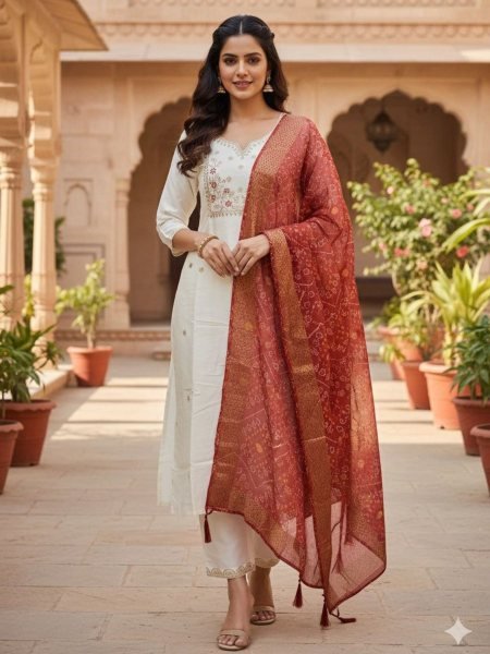 Minimalist Cream Roman Silk Kurti Pant Set with Chanderi Jacquard Digital Print Dupatta Kurtis