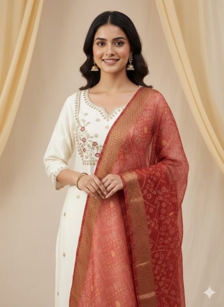 Minimalist Cream Roman Silk Kurti Pant Set with Chanderi Jacquard Digital Print Dupatta Embroidery Kurtis 