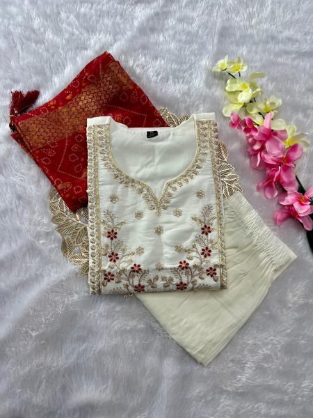 Minimalist Cream Roman Silk Kurti Pant Set with Chanderi Jacquard Digital Print Dupatta Embroidery Kurtis 