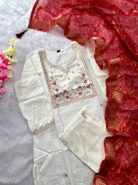 Minimalist Cream Roman Silk Kurti Pant Set with Chanderi Jacquard Digital Print Dupatta Embroidery Kurtis 
