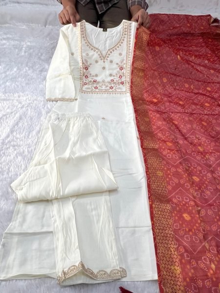 Minimalist Cream Roman Silk Kurti Pant Set with Chanderi Jacquard Digital Print Dupatta Embroidery Kurtis 