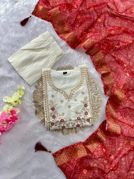 Minimalist Cream Roman Silk Kurti Pant Set with Chanderi Jacquard Digital Print Dupatta Embroidery Kurtis 