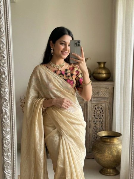 Minimalist Cream Trending Satin Saree with Digital Print for Festive Wear Sarees 