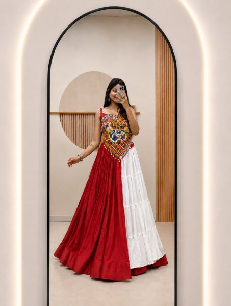 Minimalist Designer Lehenga Choli Set with Real Mirror and Kodi Embroidery for Garba Navratri Lehnega Choli