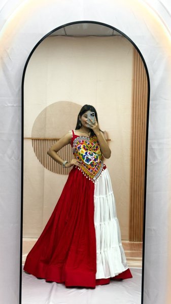 Minimalist Designer Lehenga Choli Set with Real Mirror and Kodi Embroidery for Garba Navratri Lehnega Choli