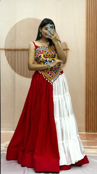 Minimalist Designer Lehenga Choli Set with Real Mirror and Kodi Embroidery for Garba Navratri Lehnega Choli