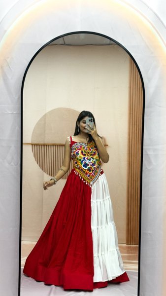 Minimalist Designer Lehenga Choli Set with Real Mirror and Kodi Embroidery for Garba Navratri Lehnega Choli