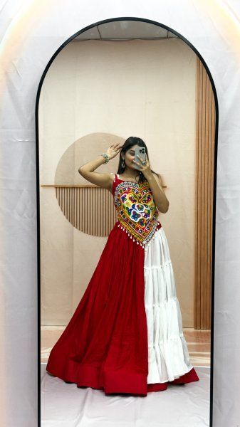 Minimalist Designer Lehenga Choli Set with Real Mirror and Kodi Embroidery for Garba Navratri Lehnega Choli