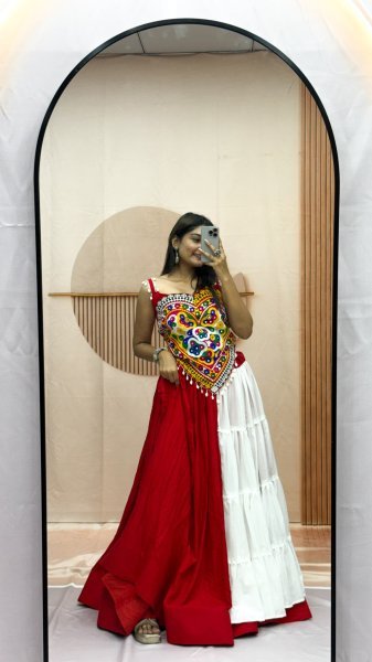 Minimalist Designer Lehenga Choli Set with Real Mirror and Kodi Embroidery for Garba Navratri Lehnega Choli