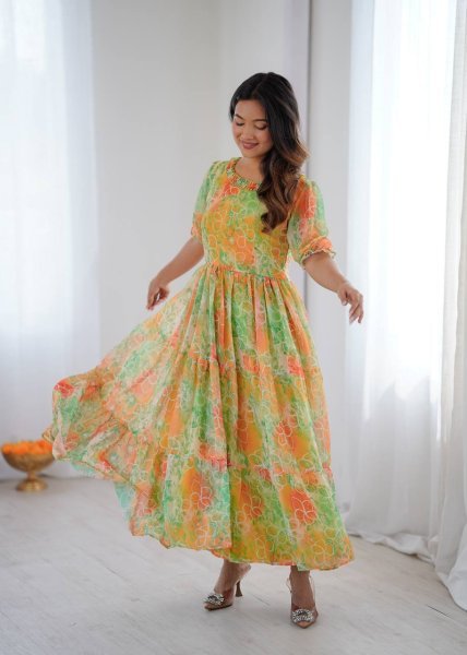 Minimalist Digital  Printed Fox Georgette Layered Flair Maxi Gown with 6  Mtr Flair for Party Wear Georgette Kurti 