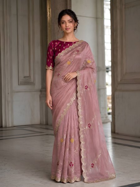 Minimalist Dusty Pink Women's Fendy Satin Silk Party Wear Saree with Embroidered Blouse Sarees 