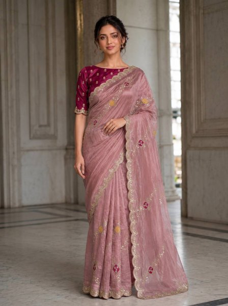 Minimalist Dusty Pink Women's Fendy Satin Silk Party Wear Saree with Embroidered Blouse Silk Sarees Wholesale