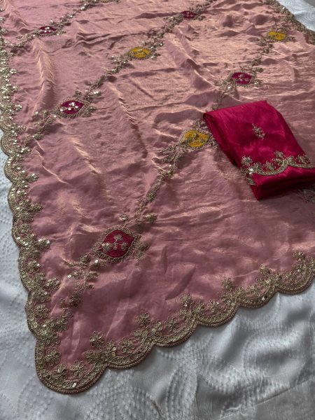 Minimalist Dusty Pink Women's Fendy Satin Silk Party Wear Saree with Embroidered Blouse Silk Sarees Wholesale