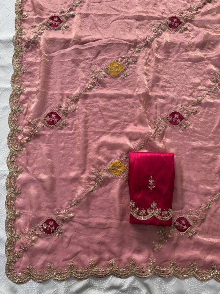 Minimalist Dusty Pink Women's Fendy Satin Silk Party Wear Saree with Embroidered Blouse Silk Sarees Wholesale