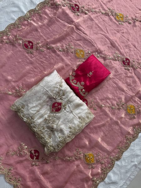 Minimalist Dusty Pink Women's Fendy Satin Silk Party Wear Saree with Embroidered Blouse Silk Sarees Wholesale