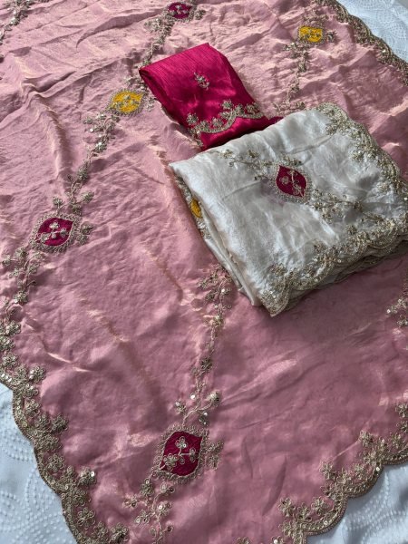 Minimalist Dusty Pink Women's Fendy Satin Silk Party Wear Saree with Embroidered Blouse Silk Sarees Wholesale
