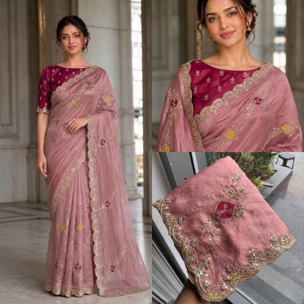 Minimalist Dusty Pink Women's Fendy Satin Silk Party Wear Saree with Embroidered Blouse Silk Sarees Wholesale