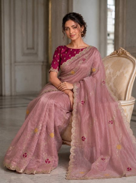 Minimalist Dusty Pink Women's Fendy Satin Silk Party Wear Saree with Embroidered Blouse Silk Sarees Wholesale