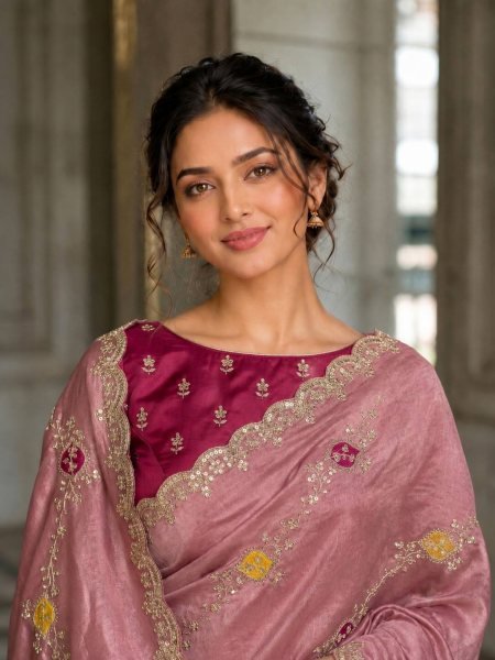 Minimalist Dusty Pink Women's Fendy Satin Silk Party Wear Saree with Embroidered Blouse Silk Sarees Wholesale