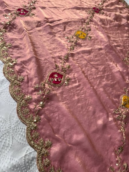 Minimalist Dusty Pink Women's Fendy Satin Silk Party Wear Saree with Embroidered Blouse Silk Sarees Wholesale