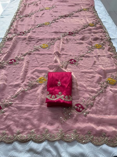 Minimalist Dusty Pink Women's Fendy Satin Silk Party Wear Saree with Embroidered Blouse Silk Sarees Wholesale