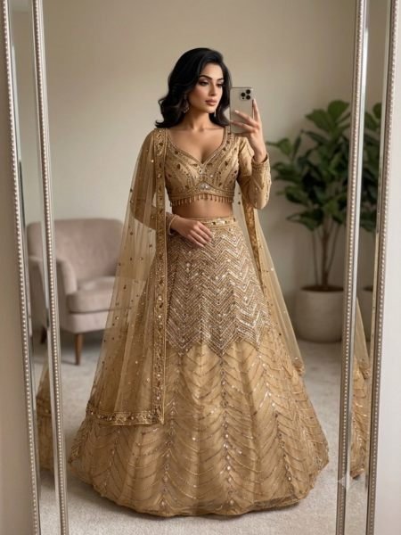 Minimalist Golden Chinon Silk Lehenga Choli with All Over Sequin Embroidery For Bridal  