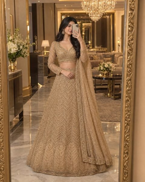 Minimalist Golden Chinon Silk Lehenga Choli with All Over Sequin Embroidery For Bridal  Designer Lehenga Choli